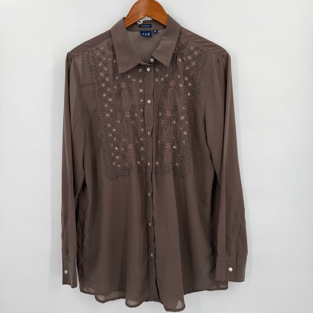 GAP Boyfriend Shirt Womens Medium Brown Beaded Embroidered Western Blouse